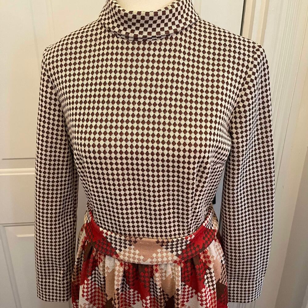 Vintage Handmade 1970's Brown and Red Turtleneck Maxi Long Sleeve Dress Size S/M